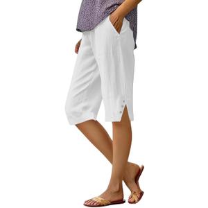Cotton Linen Capri Pants for Women Petite Bermuda Shorts Knee Length Drawstring Pants Summer Beach Long Shorts (White, XL)