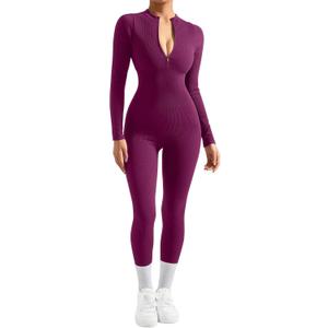 SUUKSESS Women Long Sleeve Ribbed Jumpsuit Zip up Front Workout Bodycon Romper (Medium, Purple)