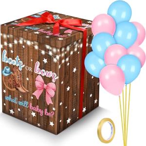 Hungdao Gender Reveal Balloon Box with Ribbon and 10 Pink and Blue Balloons Gender Reveal Games He or She Open to See for Party Decoration 12"x12"x16"(Boots and Bow)