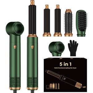 Blow Dryer Brush 5 in 1 Set,Negative Ion Air Curling Wrap Air Curler, Hot Air Styler Round Brush Blow Dryer Curling Iron Hair Styling Tools Gift for Dry,Volumize, Straight,Curl,100-120V (Green)