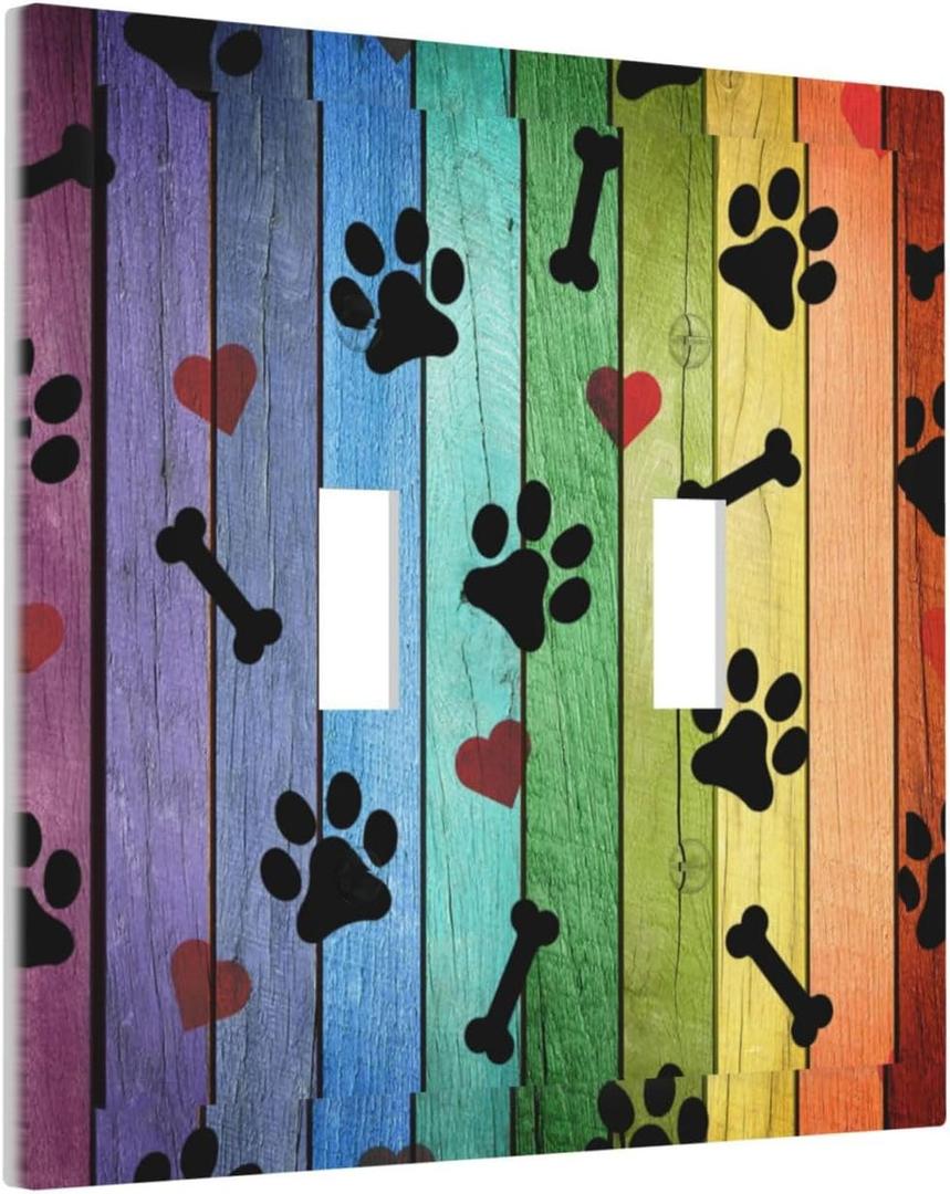 Light Switch Cover Decorative Dog Paw Colorful Retro Wood Double Toggle Vintage 2 Gang Wall Plate Electrical Faceplate Switchcover for Farmhouse Bathroom Home Living Room Decor