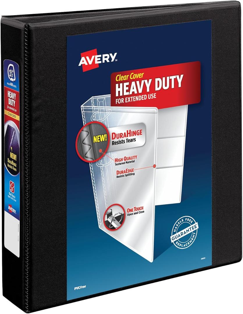 Avery Heavy-Duty 1.5 Inch Binders 3 Ring, View Binder, 1.5 Inch EZD Ring, Black, Sturdy (79695)
