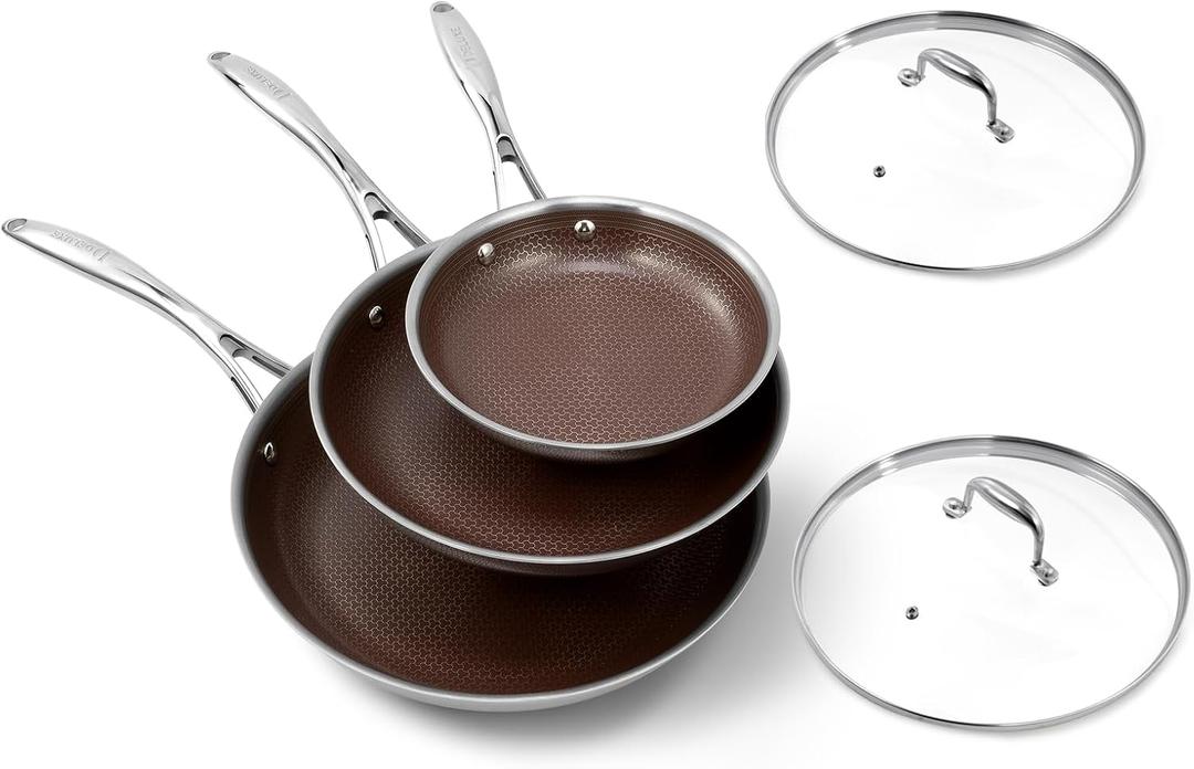 Deluxe 5pc Hybrid Nonstick Frying Pans Set with Lids, 8, 10 & 12" Pans
Ceramic Nonstick,Stay-Cool Handle, Dishwasher Oven Safe, for All Stovetops Induction for Home Daily Cooking (Burgundy)