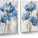 Blue Flower Canvas Wall Art: 2 Piece Abstract Elegant Floral Artwork Vintage Blooming Navy Petal Painting Modern Blossom Botanical Scene Prints Country Nature Picture for Bedroom Bathroom