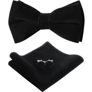 Bow Ties for Men Pre-Tie Bow Ties Vintage Tuxedo Velvet Bow Ties Cufflinks Pocket Square Sets With Gift Box (Black)