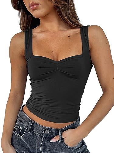 ForeFair Women Sleeveless Sexy Backless Going Out Crop Top Y2K Strappy Ruched Tank Top Summer Tight Slim Fit Cute Tops (S,Black)