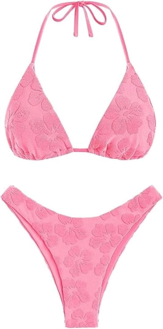 seamoly Women's Bikini Sets Toweling Jacquard Textured Halter Two Piece Swimsuits Open Back Cheeky High Cut Bathing Suit (Pink, M)