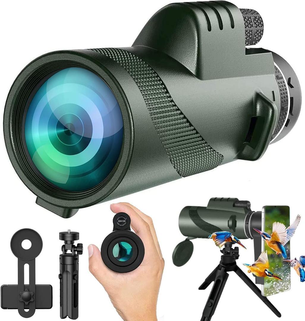 Monocular-Telescope 80x100 High Powered for Adults Monocular for Smartphone Adapter Telescope Hunting Wildlife Bird Watching Travel Camping Hiking-Green