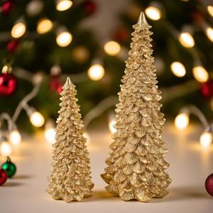 JOJOCY 2 PCS Christmas Tree Statues, 9.5" Glittered Xmas Resin Trees Tabletop Decor for Mantel, Fireplace, Centerpiece, Indoor Holiday & Xmas Artificial Decorations (Gold)