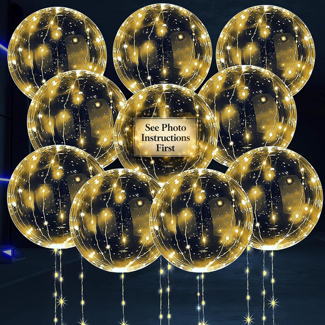 10 Pcs LED Balloons Light Up Balloons for Parties  Clear 18" Balloon with Gold String Lights & Individual Switch  Light Up Easter Decorations for Indoor & Outdoor Events, Batteries Not Included