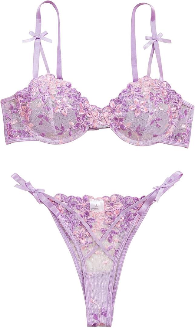 Lilosy Sexy Underwire Cute Push Up Strappy Embroidered Mesh Sheer Lingerie Set See Through Panty Bra (Small, Bow Floral Light Purple)