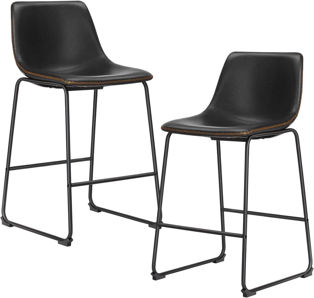 Sweetcrispy Counter Height Bar Stools Set of 2, 26 inch Height Stool Faux Leather Barstools with Back, Armless Kitchen Island Countertop Comfortable Modern Chairs with Metal Legs - Classic Black