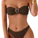 Fanuerg Women's Strapless Bandeau Bikini Sets Ring Tie Back Two Piece Swimsuit High Cut Cheeky Bathing Suits (Large, Brown)