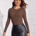 Avidlove Women's Crew Neck Long Sleeve Bodysuits Basic Slim Tops Double Lined Thong Bodysuit (Brown, L)