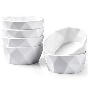 DELLING 6 Oz Porcelain Ramekins Set of 6, Geometric Creme Brulee Ramekins Oven Safe, Souffle Dishes for Baking Dessert Ice Cream Snack, Small Ceramic Bowls Dishwasher Microwave Freezer Safe, White