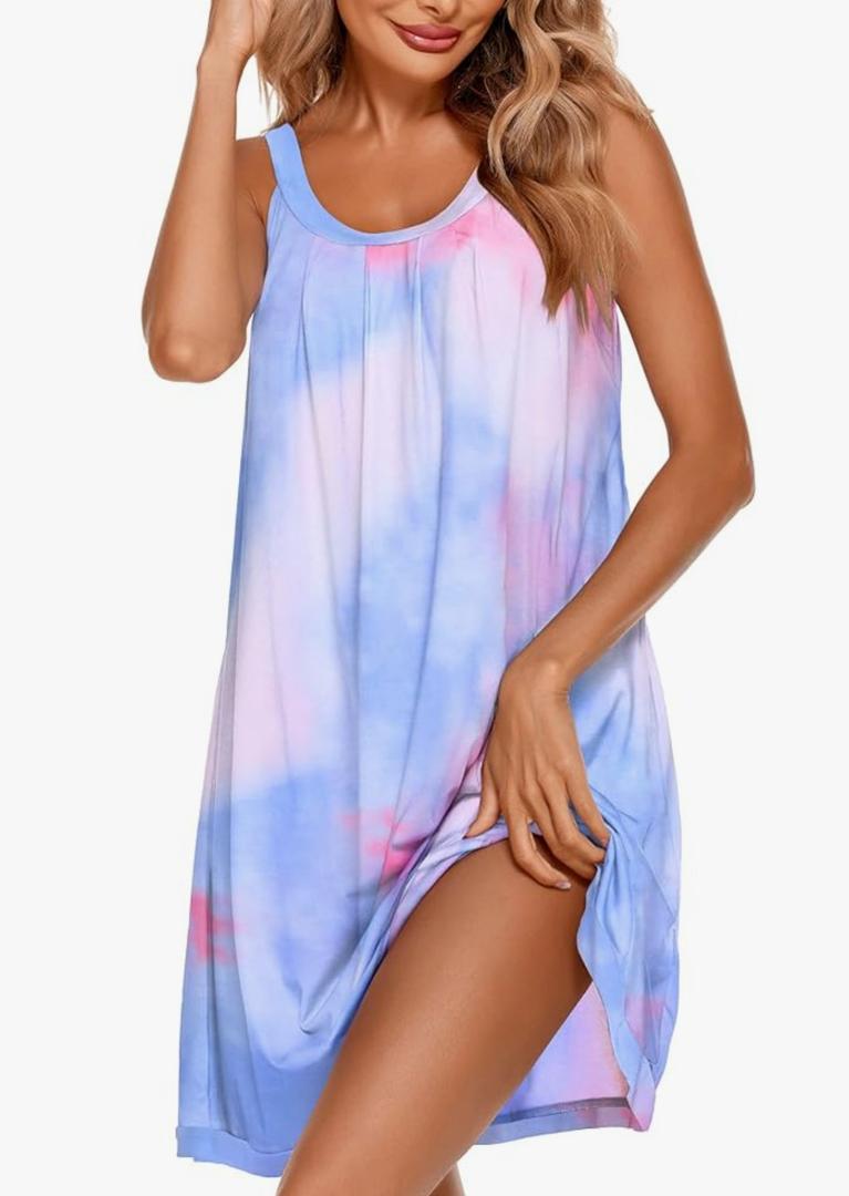 Ekouaer Women's Nightgown Sleeveless Sleepwear Wide Strap Sleep Shirt Pleated Scoopneck Nightshirt Size M Tie-purple
