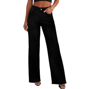 PRETTYGARDEN Wide Leg Jeans for Women Trendy High Waisted Stretchy Baggy Raw Hem Denim Palazzo Pants 2026 Spring Fall Clothes (Solid Black, 6)