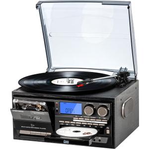 9-in-1 Vintage Bluetooth Record Player for Home Entertainment, 3-Speed Turntable with AM/FM Radio, CD & Cassette, USB/SD/MMC Input, Built-in Stereo Speakers, Remote Control, Aux in & RCA Line Out