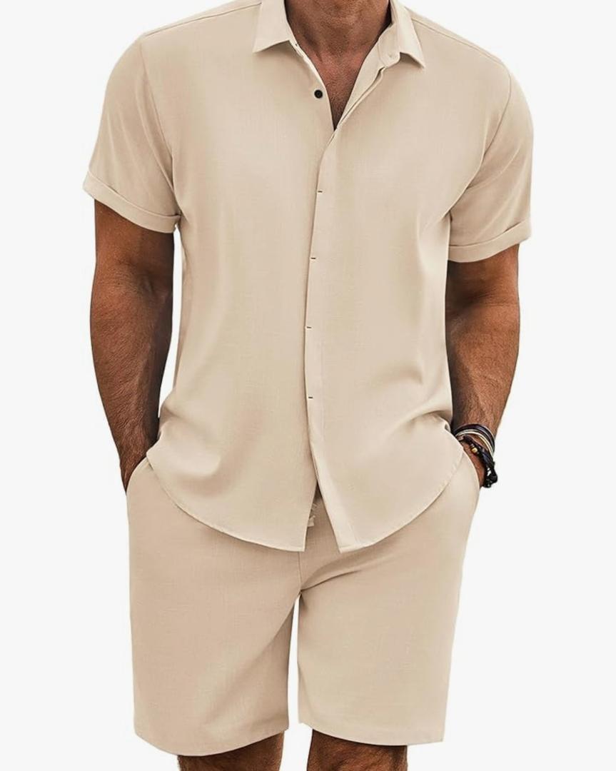 COOFANDY Men's Summer Beach Outfits 2 Piece Short Sleeve Shirts and Shorts Vacation Texture Linen Sets for Men M