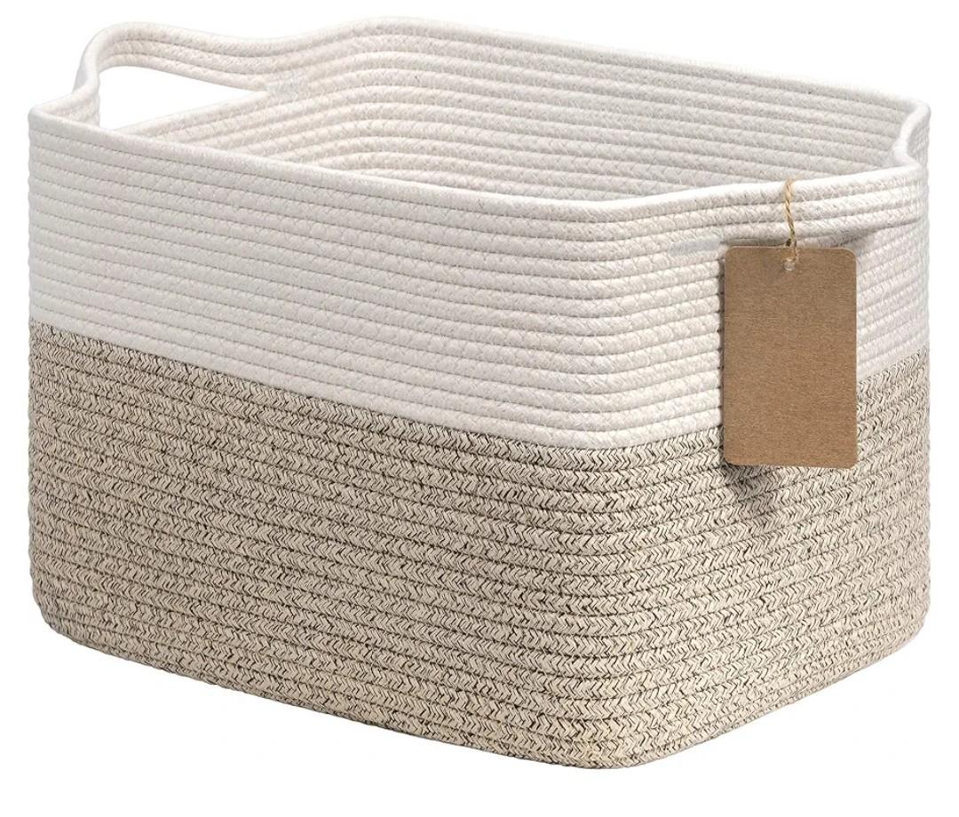 Goodpick Woven Storage Basket, Cotton Rope Basket for Dog Toys, Books, Stylish Gift Basket with Handles, 13 x 10 x 9 Inches Square Baskets for Organizing, Brown and White