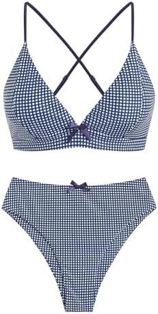 ZAFUL Women's V Neck Bikini Set High Waisted Swimsuits Lace Up Bow Decor Cheeky Two Piece Bathing Suit, Small
