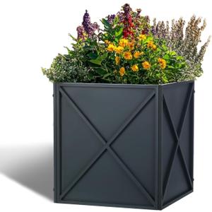 SUNNYPARK Large Metal Planter Box 17x 17x 18, Square Modern Grey Metal Planter Box Heavy Duty with Drainage Holes for Outdoor Garden Patio (Gray)