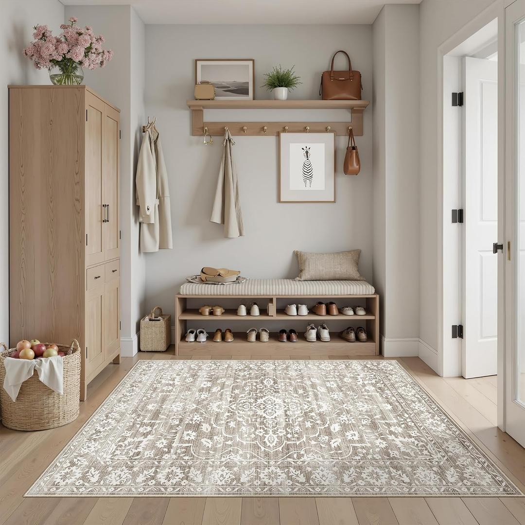 Soalmost Area Rugs 4x6 for Living Room, Stain Resistant Neutral Washable Rugs for Dining Room, Kitchen, Floral Vintage Non-Slip Area Rug Farmhouse 4x6 Rug Light Brown