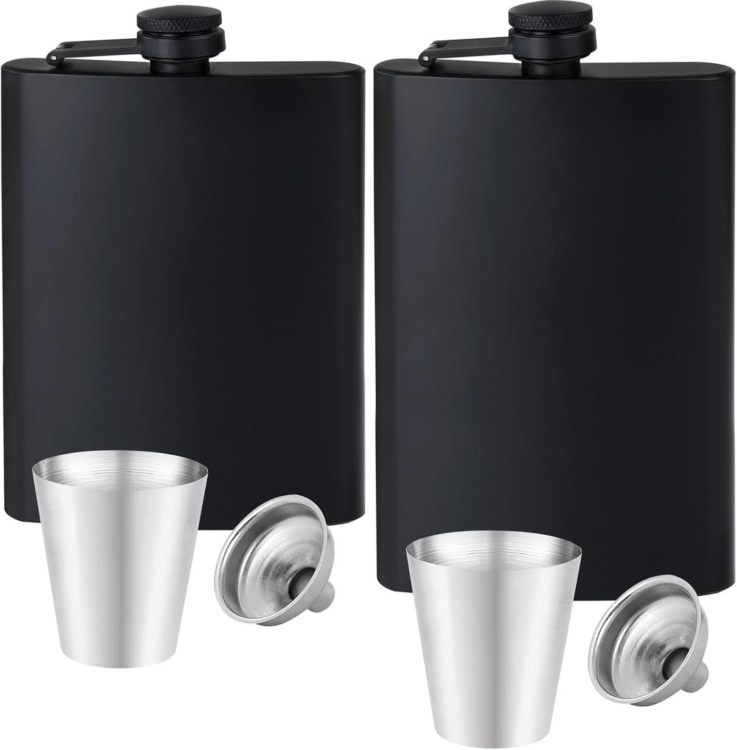 GADIEDIE 12oz+8oz Flask for Liquor for Men Matte Black Stainless Steel Leakproof Funnel and Cups, with Never-Lose Metal Cap, Drinking Flasks for Wedding Party Gift Outdoor Activities