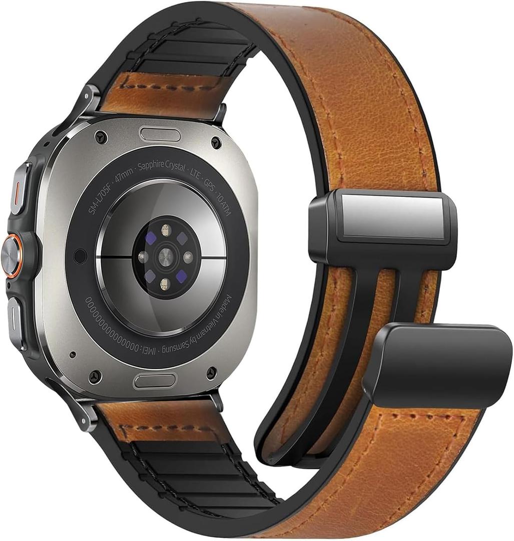 Magnetic Leather Watch Band Compatible with Samsung Galaxy Watch Ultra 47mm (2024) Magnetic Buckle Design Adjustable Classic Wristbands Accessories Replacement Straps for Men and Women (A3 Light Brown)