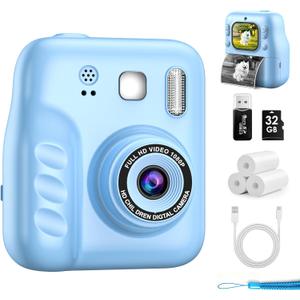 Kids Instant Print Camera, 1080P HD Kids Camera Instant Print, Includes 32GB SD Card, Adapter & 4 Paper Rolls,Christmas or Birthday Gift for Girls Boys Age 3-12Blue