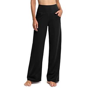 Promover Wide Leg Pants Woman Yoga Pants with Pockets Loose Stretch Casual Lounge Sweatpants Women Fashion Clothing(Black,Large,Regular)