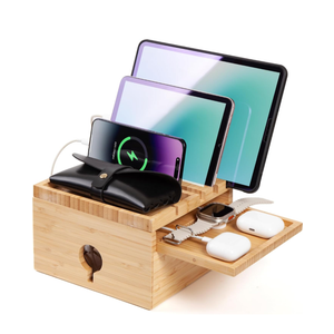 Bamboo Charging Station for Multiple Devices, Nightstand Docking Station with Small Tray, Desktop Wood Charger Organizer, Compatible with Cell Phone, Tablet, Earphones (No Cables)