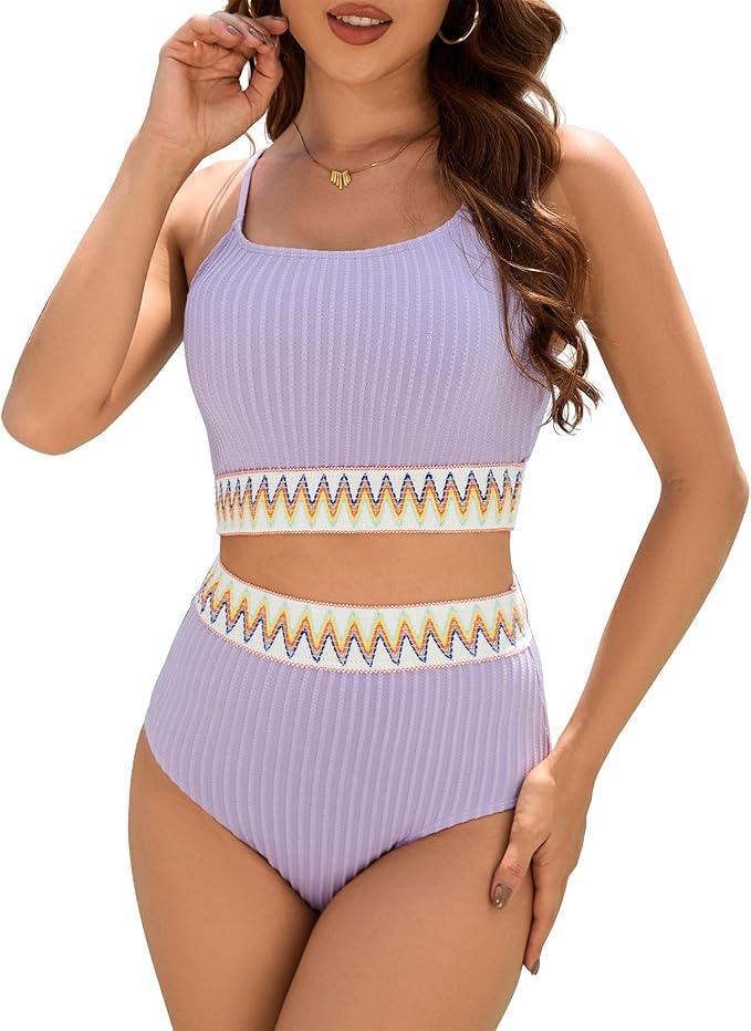 Zando High Waisted Bikini Sets Ribbed Swim Suits for Women 2025 Modest Color Block 2 Piece Swimsuits for Curvy Women Adjustable Straps Tummy Control Purple Bathing Suit Sporty Swimwear Large