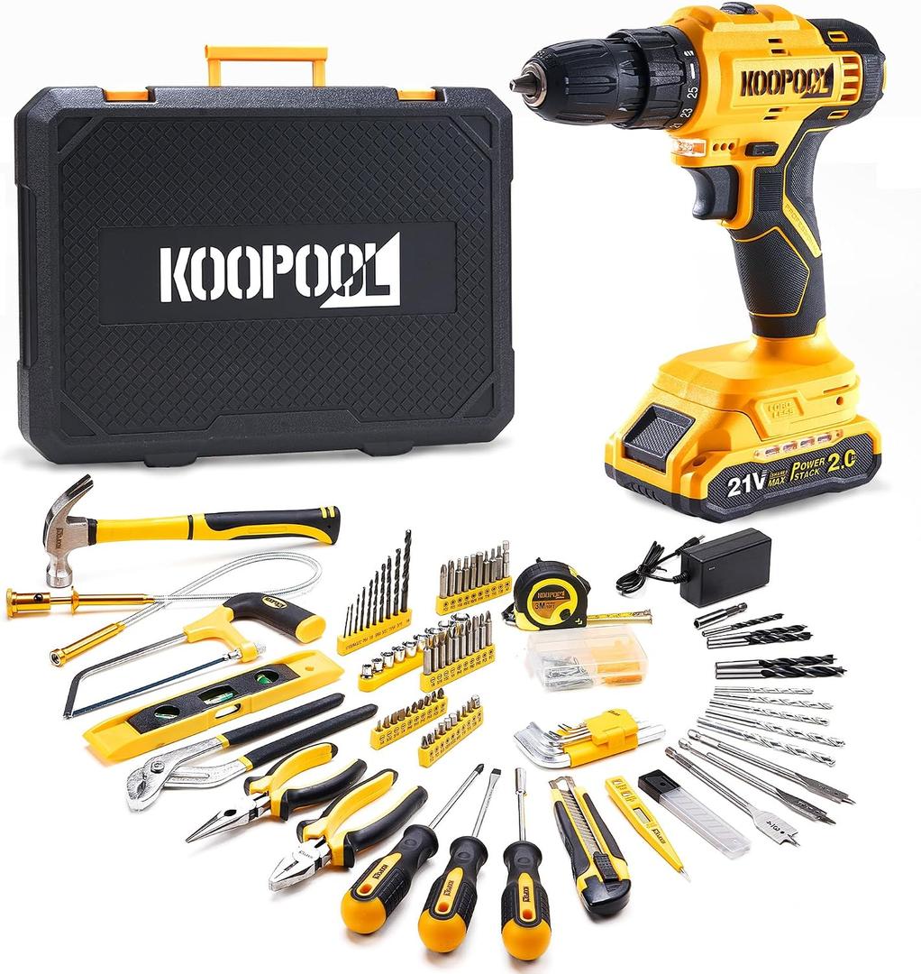 Tool Kit Box Drill Set with 21V Cordless Drill, Tool Box with Drill, Hand Drill Set for Men, Power Tool Combo for Home Repair, DIY, Handyman