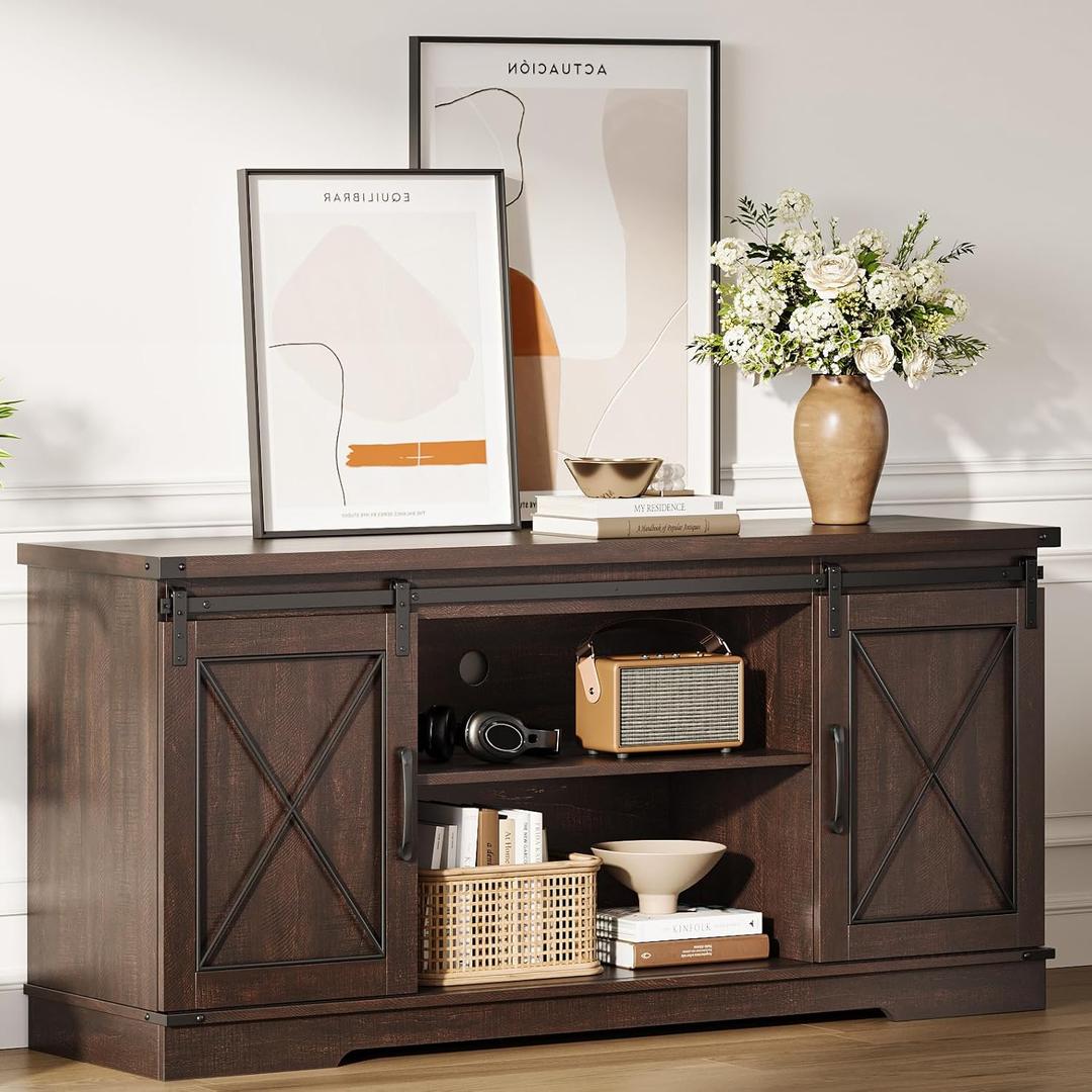 IDEALHOUSE Farmhouse TV Stand and Entertainment Center for Tv up to 65 inches with Sliding Barn Doors and Adjustable Shelf, Tv Media Console Table with Storage Cabinet for Living Room, Brown (No Manual)
