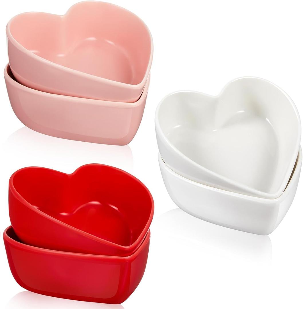 Skylety 6 Pcs Valentine's Day Heart Bowls 4.5inch Cute Heart Ceramic Candy Dish Dessert Bowl 3 Colors in Pink Red White Salad Soup Snack Sauce Dish Kitchenware for Kitchen Cooking Valentine Gifts