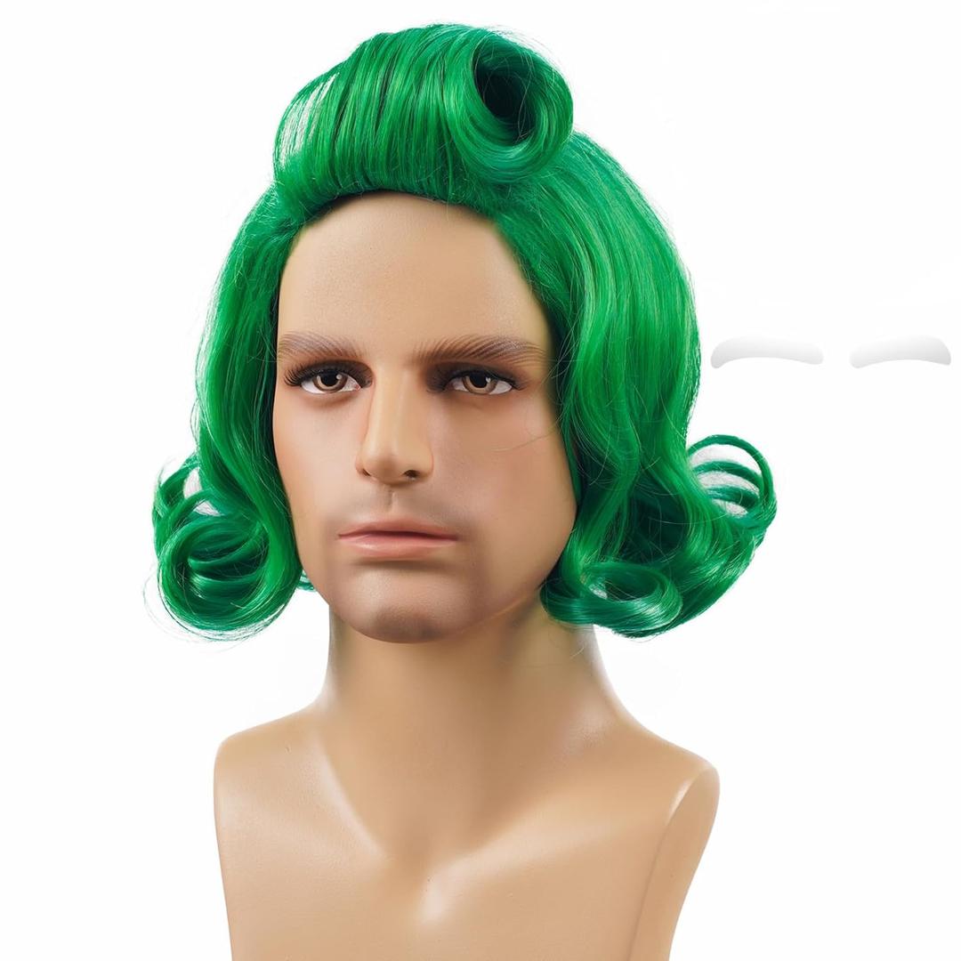 Besuante Short Green Wig Wavy Curly Costume Wigs with White Eyebrows for Halloween