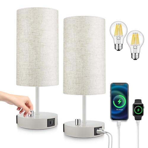 LTBLIGHT Bedside Table Lamps Set of 2, Fully Dimmable Nightstand Lights with USB A+C Charging Ports & AC Outlet, Modern White Desk Lamp for Bedroom Living Room (800LM E26 Bulbs Included)