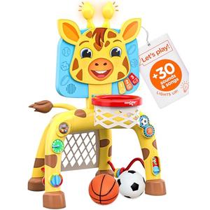 Move2Play, Giraffe Basketball Hoop & Soccer Goal Activity Center | 30+ Sounds & Songs + 5 Lights | 1 2 3 Year Old Birthday Gift for Boys and Girls | Toy for Baby & Toddlers (Yellow)