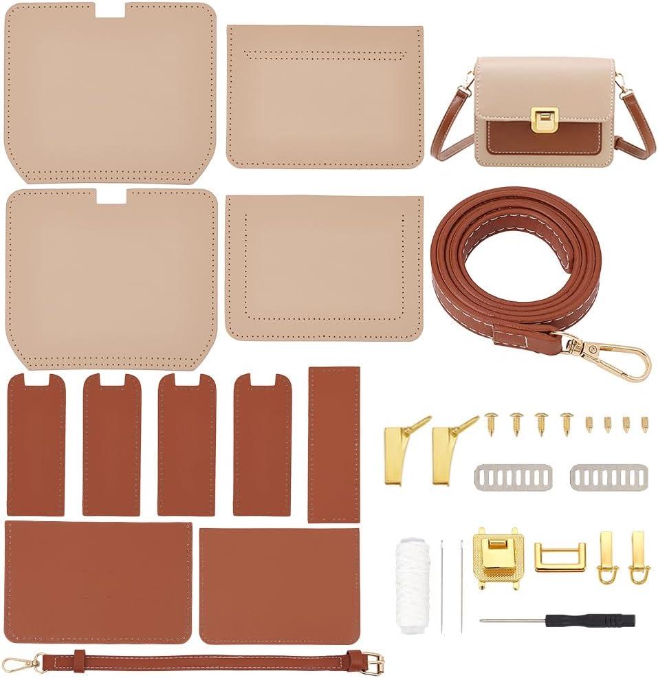 WADORN DIY Crossbody Bag Making Kit, PU Leather Shoulder Bag Making Materials Set DIY Purse Making Sewing Complete Kit Handmade Bag Making All Accessories for Beginner, 7.5x2.8x5.9 Inch, Khaki