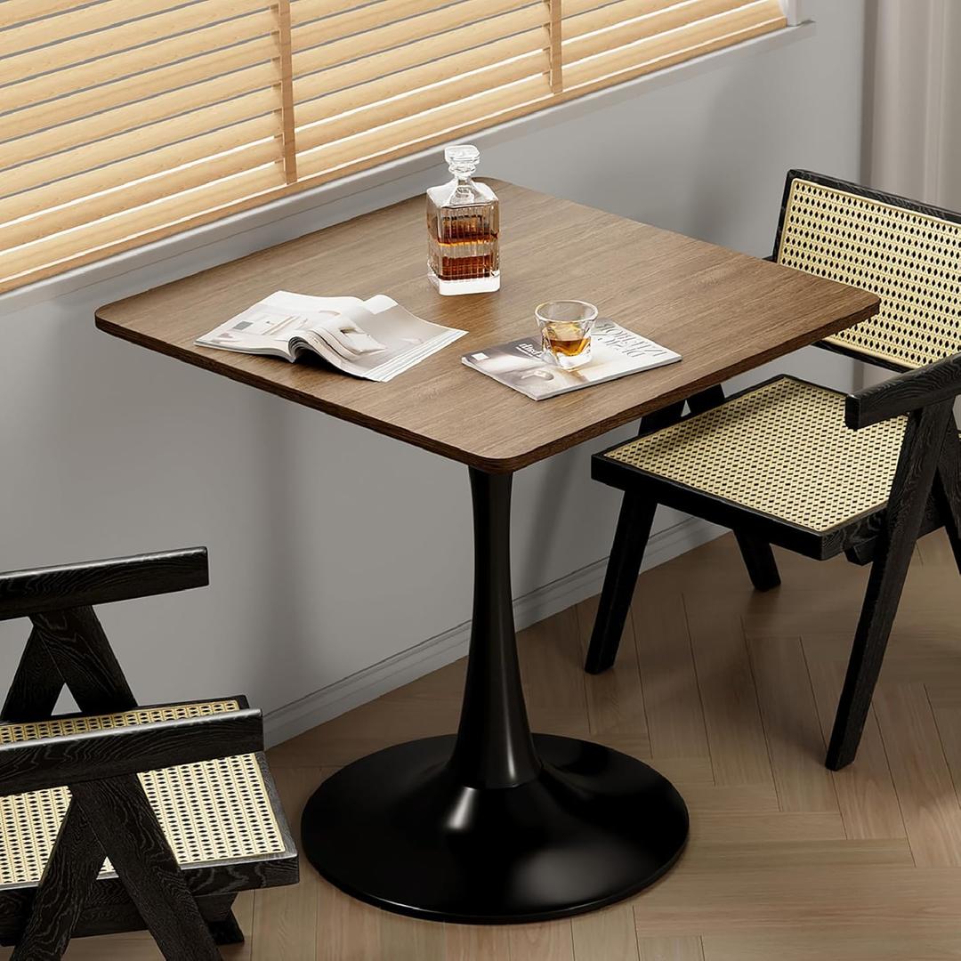 Walnut Square Tulip Table for 2, 24 Inch Small Dining Table with Metal Pedestal Base for Kitchen, Mid-Century Modern Table with Round Corners for Living Room, Cafe and Home Office