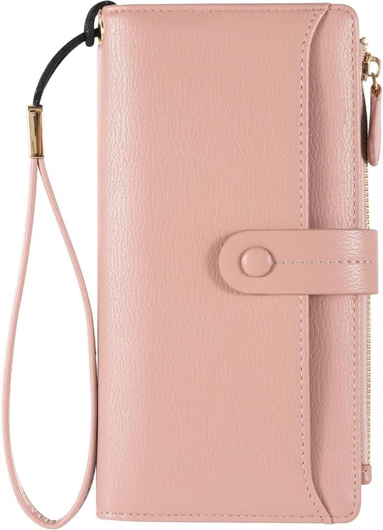Women's Wallets - RFID Blocking Leather Bifold Clutch Credit Card Holder Long Travel Purse with Wristlet (Pink)