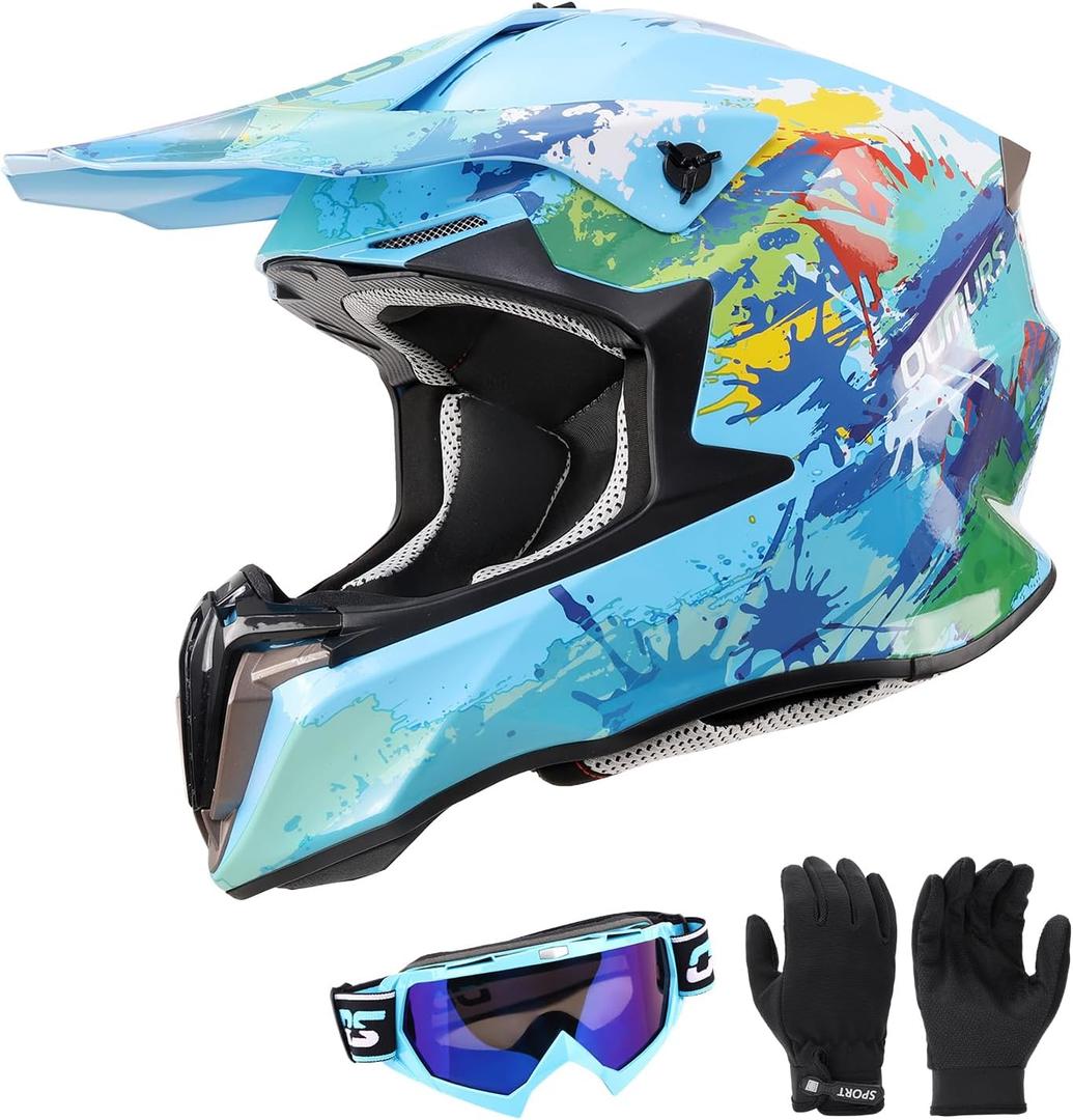 Dirt Bike Helmet for Kids with Goggles & Gloves for 8-18 Years Old Boys & Girls, DOT Certified Kid ATV Helmet Motocross Off Road X-Large