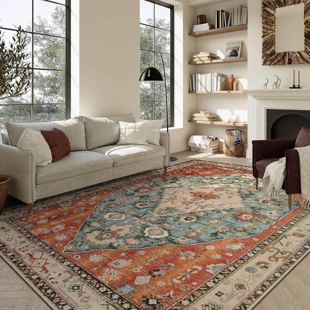 Lahome Boho Tribal Washable Area Rugs 9x12 Living Room, Soft Bedroom Rug Non Slip Dining Room Rugs for Under Table, Large Oriental Vintage Throw Carpet for Famliy Room (Rust/Dull Teal,9x12ft)