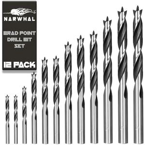 Narwhal Brad Point Wood Drill Bit Set (12 Pack with Storage Case - 1/8" to 1/2") Carpenters Quality - Woodworking Bits for All Types of Woods