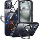 360 Rotatable Magnetic Stand for iPhone 15 Case Compatible with Mag-Safe 16FT Military Drop Protection, Anti-Scratch/Fingerprint Shockproof iPhone 15 Phone Case(Clear-Black)