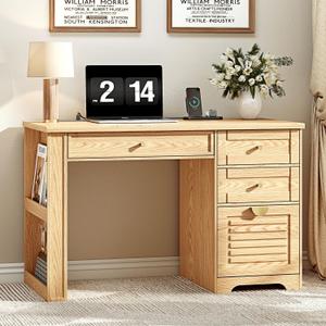 Ieejdn 47" Home Office Desks, Executive Desk, Farmhouse Computer Desk with Drawers and Charging Station, File Drawer, Storage Cabinet, Rustic Computer Writing Desk,Antique Natural, 47.24"