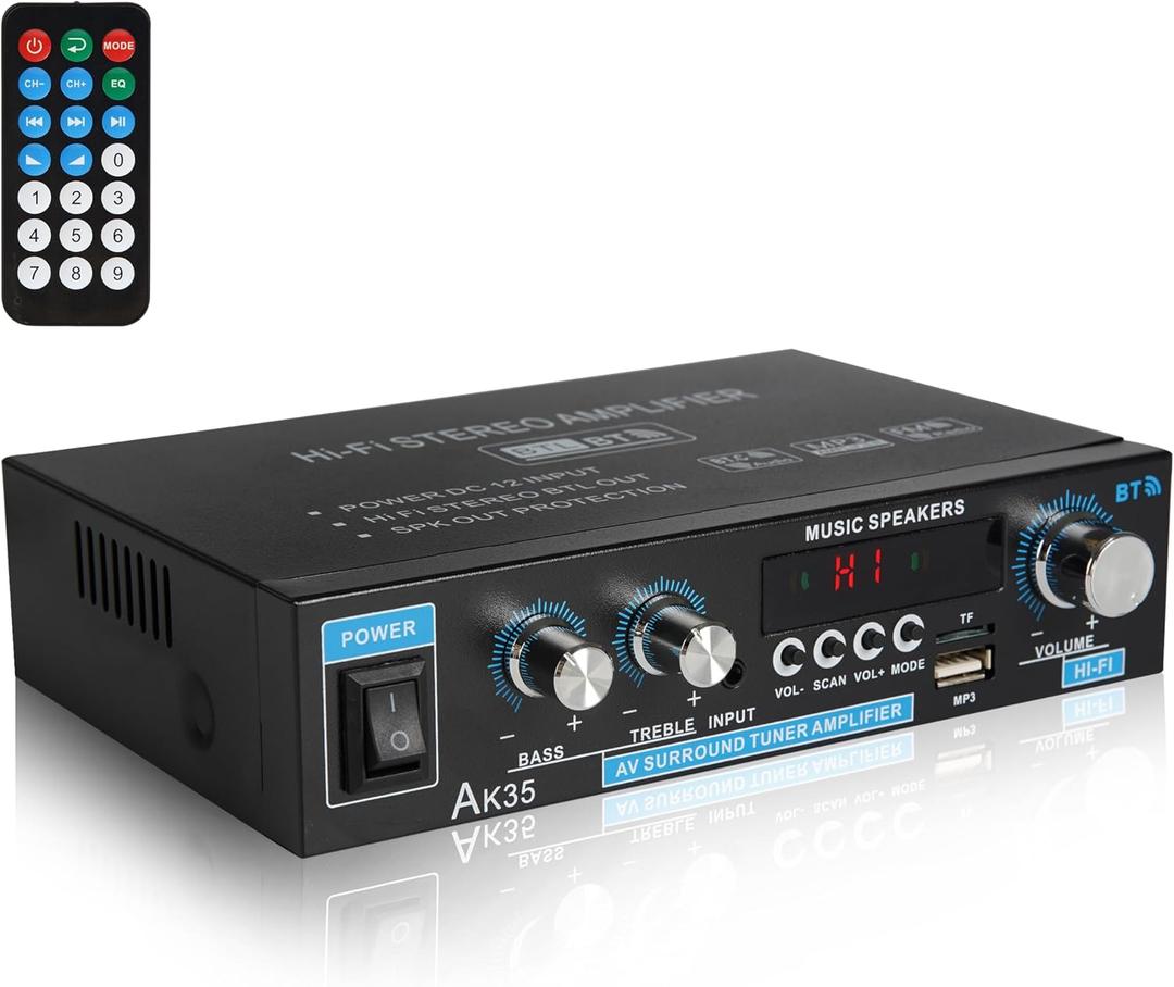 Stereo Amplifier AK35 Bluetooth 5.0 Receiver Home Audio 100Wx2 Dual Channel Speaker Amplifier with FM Radio, USB, SD Card Input for Home Theater Audio Stereo System with Remote Control