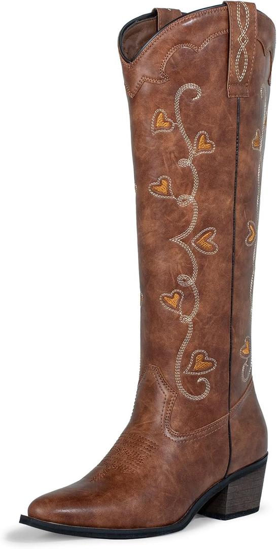 J's.o.l.e Women's Knee High Cowboy Boots Wide Calf Snip Toe Fashion Western Cowgirl Boots, Size 40