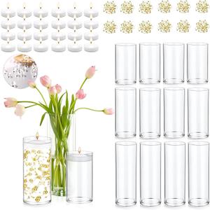 Set of 12 Glass Cylinder Vases for Centerpieces with 8 Pack Vase filler 12 Pearl String 24 White Floating Candles for Centerpieces, Table Center pieces for Wedding Party Home Decor 5, 6, 8 Inch